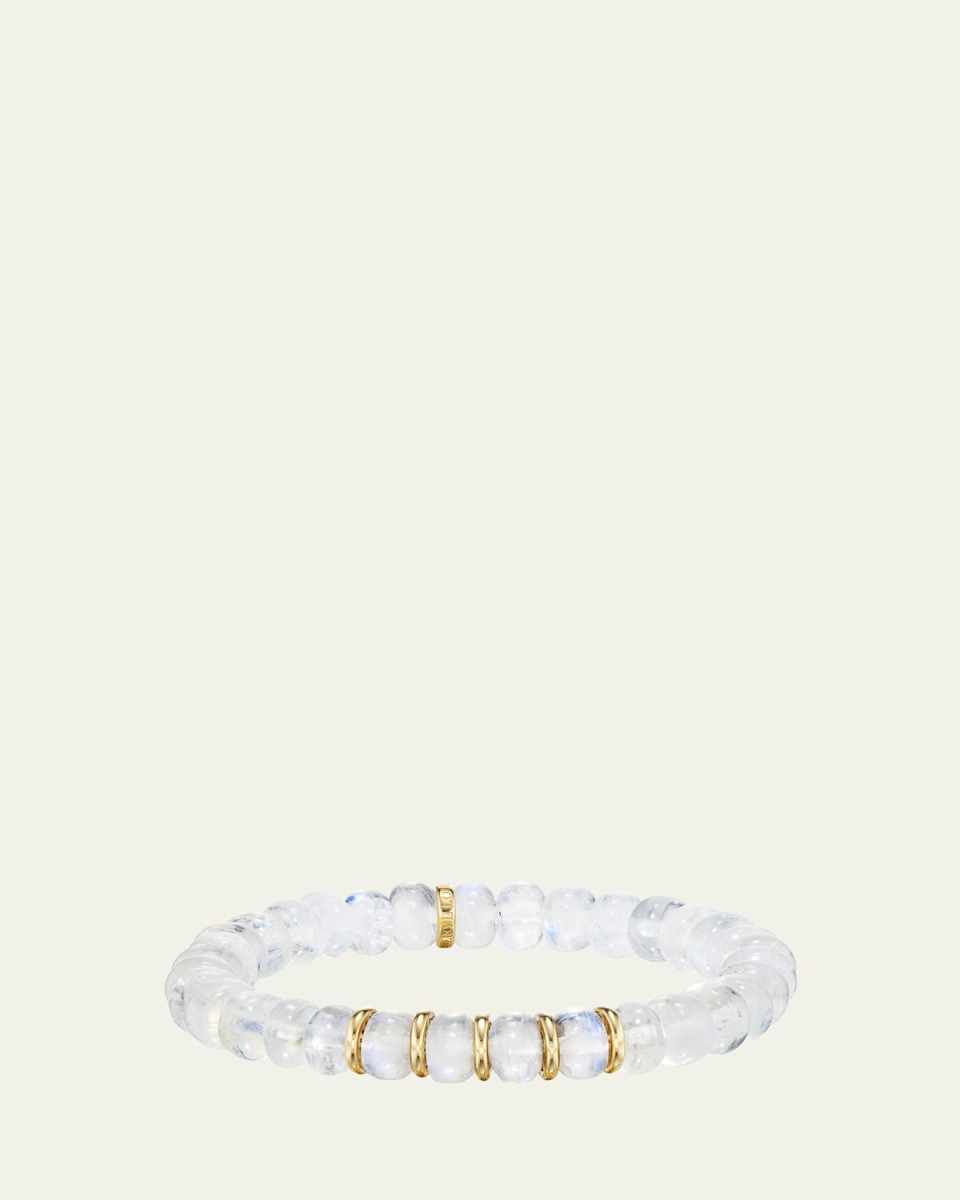 14K Yellow Gold 8mm Rainbow Moonstone Bead Bracelet with 5 Plain Rondelles